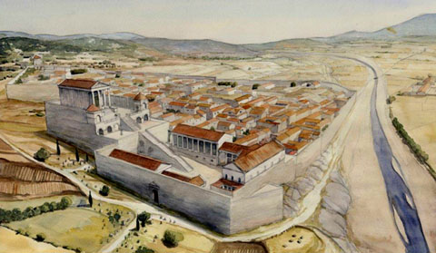 Reconstrucció ideal de la ciutat de Gerunda vista des del nord-est, amb el fòrum en primer terme