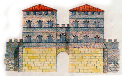 Reconstrucció hipotètica de la porta de nord de la ciutat (Sobreportes) a època carolngia. La torre occidental està ben documentada fins al primer nivell de combat