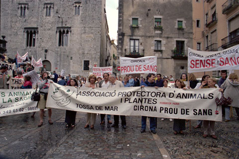 Manifestaci&oacute; anti-taurina pel tancament de la Pla&ccedil;a de toros de Girona; organitzada per l'Associaci&oacute; Protectora d'Animals i Plantes de Tossa de Mar, juntament amb d'altres associacions. 02/08/1997