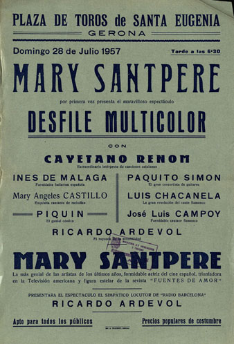 Cartell de l'espectacle 'Desfile multicolor' de Mary Santpere, a la Pla&ccedil;a de Toros. 1957