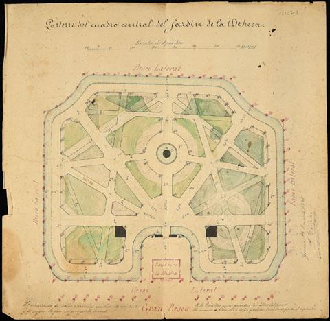 A. Carreras. Parterre del cuadro central del jard&iacute;n de la Dehesa, 13 de gener de 1881. Tinta de colors, aquarel&middot;la i llapis sobre paper, 38 � 37 cm. Ajuntament de Girona, Arxiu Municipal de Girona