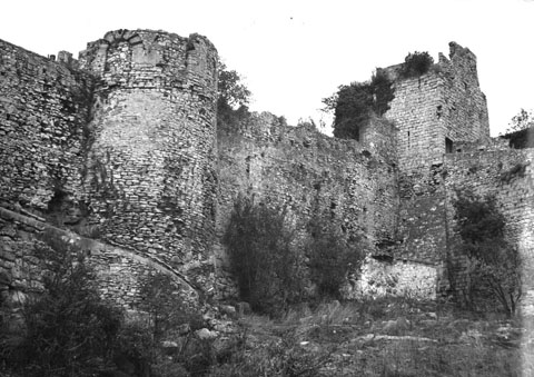Muralla de Sant Domènec amb la torre de les Àligues al centre. A la dreta la torre del Telègraf. 1974