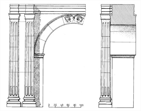 Reconstrucció hipotètica de la porta-arc desmuntada i incorporada a la fonamentació de la torre baix-imperial. Alçat frontal i secció