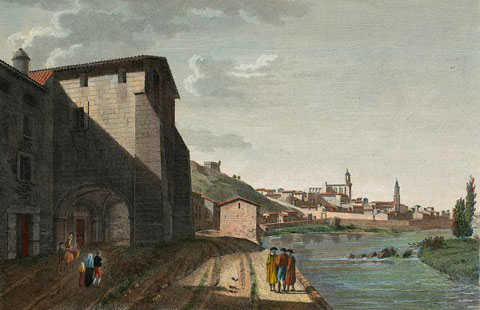 Vista de Girona des del barri de Pedret, amb l'arcada de l'església del Pilar en primer terme. A la dreta, el riu Ter. Al fons s'observa la torre de Sant Joan, la muralla de Sant Pere i el portal de França, la Catedral i l'església de Sant Feliu. 1806