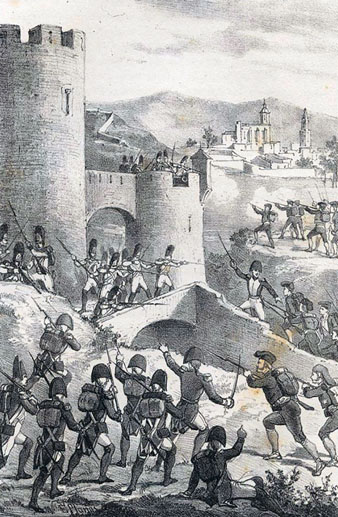 Assalt de les tropes franceses a la torre de Sant Lluís, a la muntanya de Montjuïc, produït durant els setges de la Guerra del Francès, anys 1808-1809. Al fons, la Catedral i l'església de Sant Feliu. 1861