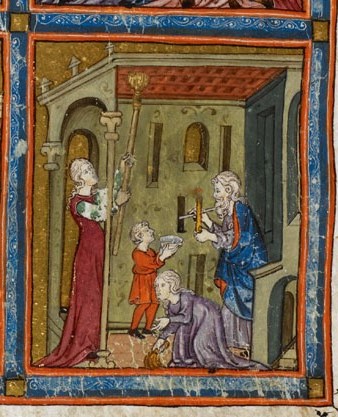 Hagadà de Barcelona, 1350. Neteja de la casa prèvia a la festa de Pésaj