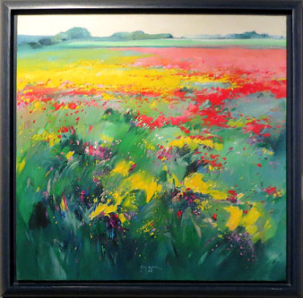 Castelló d'Empúries, 1982. El primer quadre que va pintar de camps florits a l'Empordà, al peu de la Muga. 100 x 100